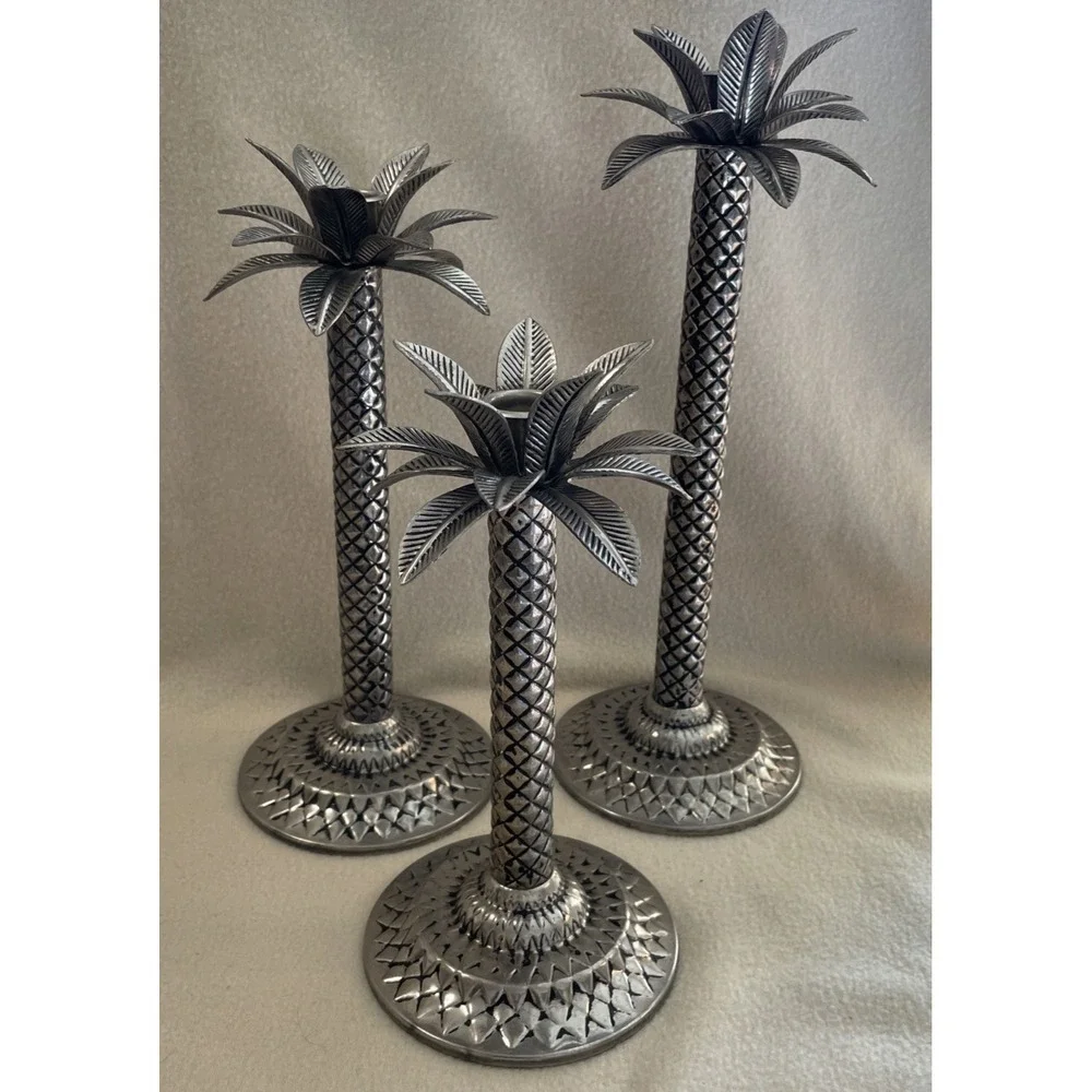Vintage Set 3 Metal Palm Tree Taper Candle Holders Silver Blackwash Felt Bottom